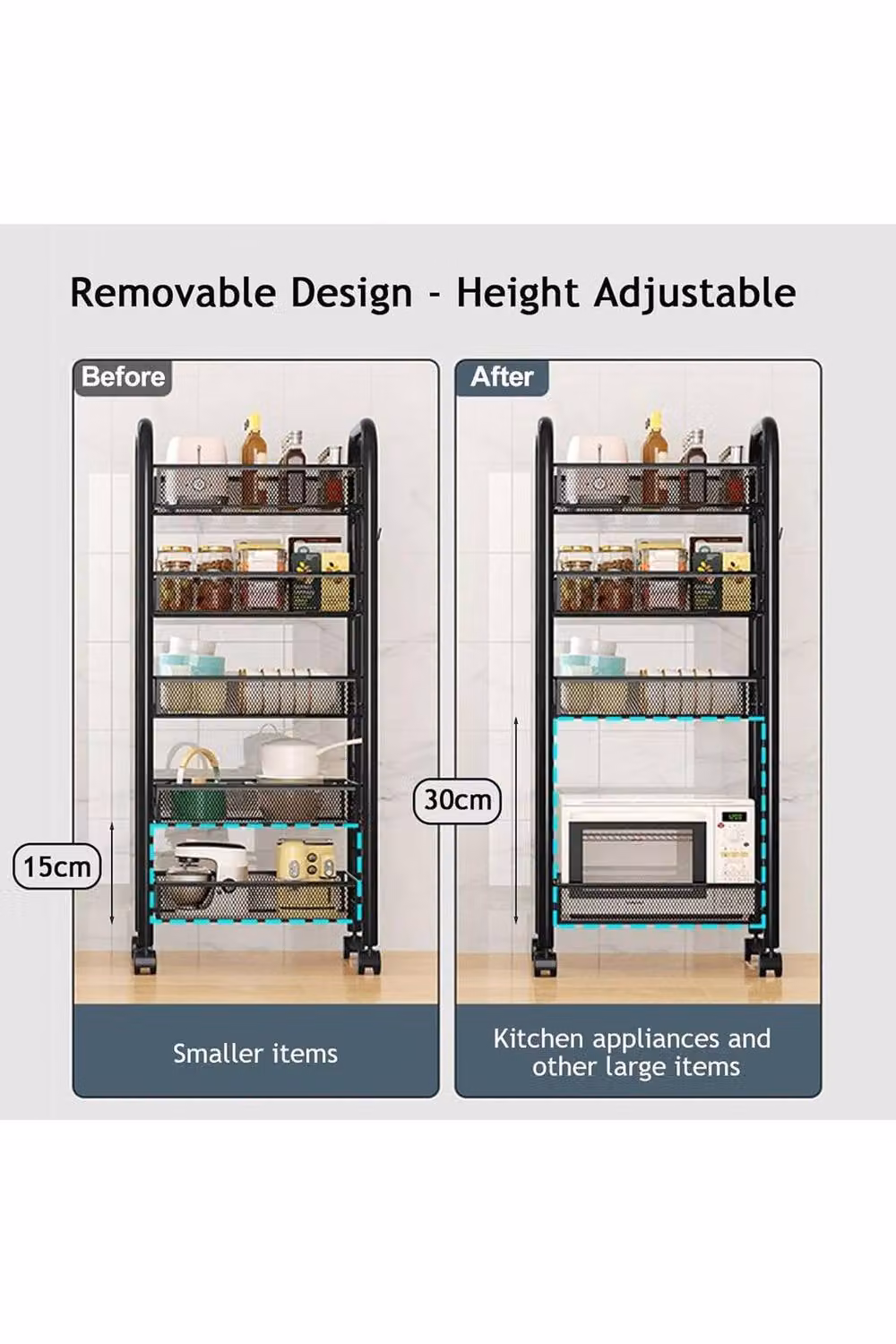 Hygrad 5 Tier Rolling Kitchen Cart with Removable Baskets and Hooks in Black – 3