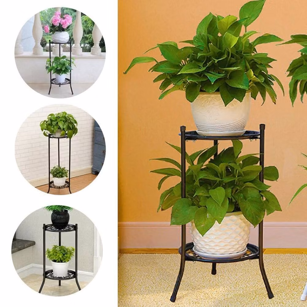 KORVIXA 2 Tier Metal Plant Pot Holder Flower Stand in Black, W/D/H: 50 x 30 x 50 cm – 5