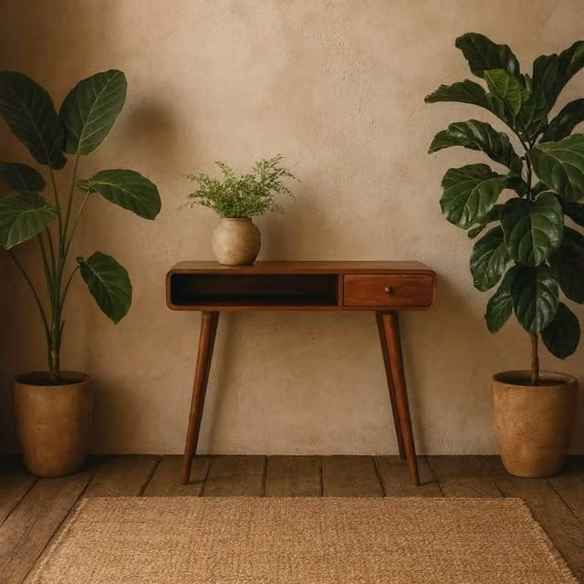 Wyld Haus Ostuni Curved Chestnut Writing Desk in Brown, W/D/H: 90 x 80 x 45 cm – 1