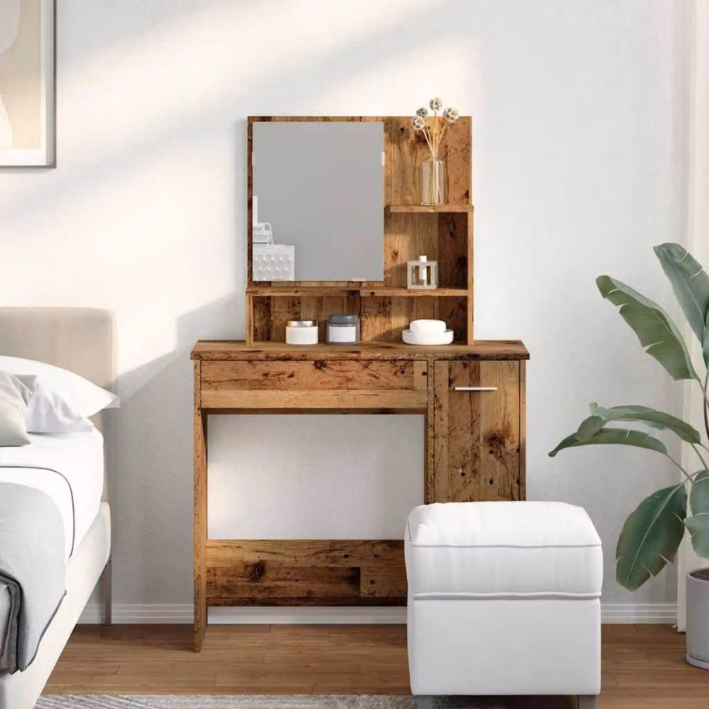 Berkfield Home Dressing Table with Mirror in Brown Old Wood, W/D/H: 86.5 x 35 x 136 cm – 3