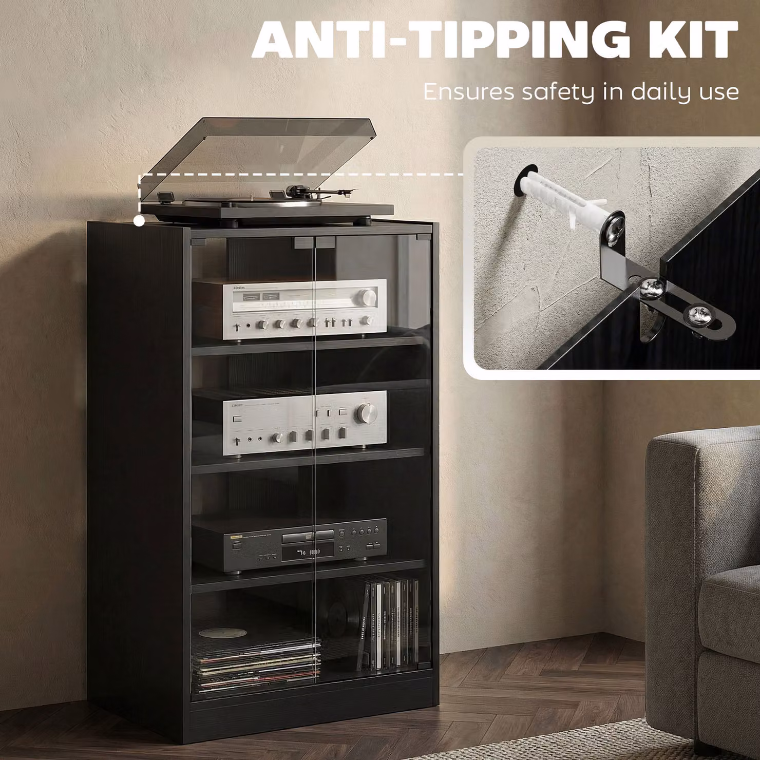 HOMCOM 4-Tier Hi-Fi Record Player Stand with Adjustable Internal Shelves and Push-to-Open Glass Doors, Black Wood-Effect – 7