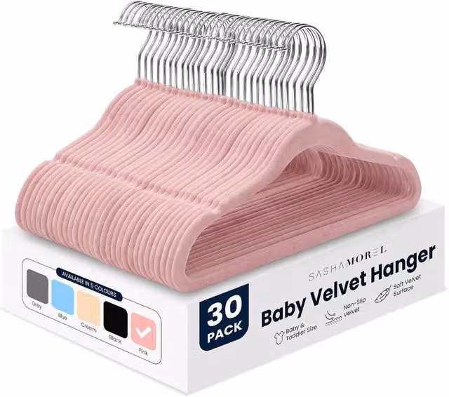 Sasha Morel Pink Velvet Baby Clothes Hangers with Swivel Hooks, 30 Pack