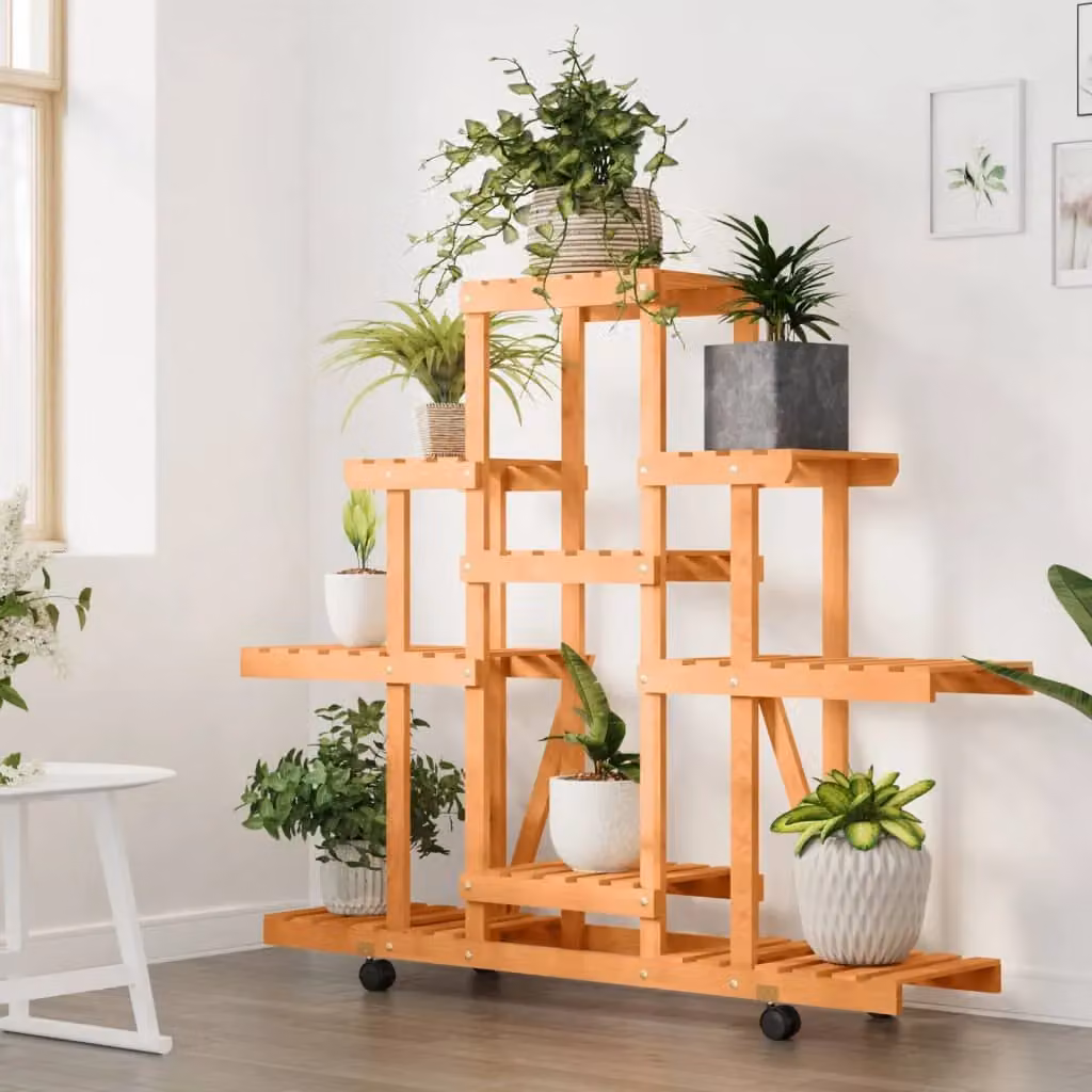 Berkfield Home Retro Wooden Flower Stand with Wheels in Brown, W/D/H: 110 x 25 x 101 cm – 3