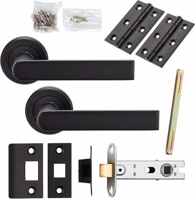 Loops Matt Black Rectangular Lever Door Handle and Latch Pack with Screwless Round Rose – 1