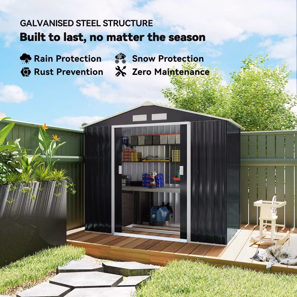 Rolipo Metal Garden Shed in Dark Grey with Foundation Kit and Double Doors – 6