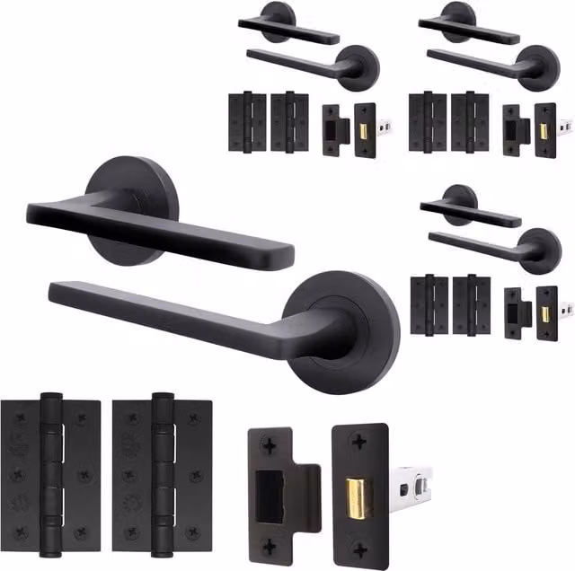 AFIT Matt Black Aluminium Door Handle Latch and Hinge Set, 4 Pack, Size: 150 x 150 mm