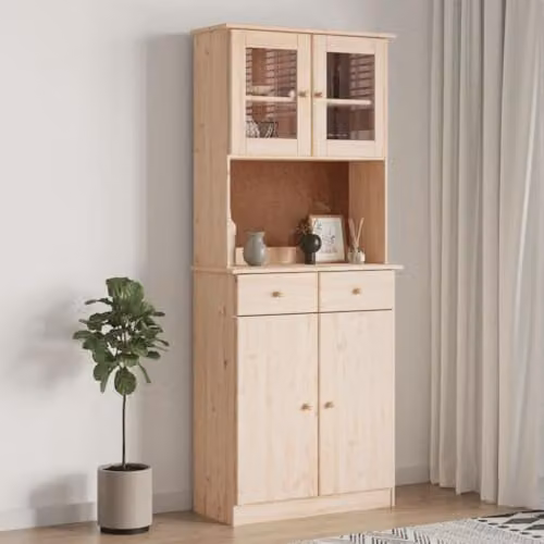 vidaXL ALTA Scandinavian Style Highboard Sideboard in Natural Brown Solid Pine Wood with Glass Doors and Drawers – 2