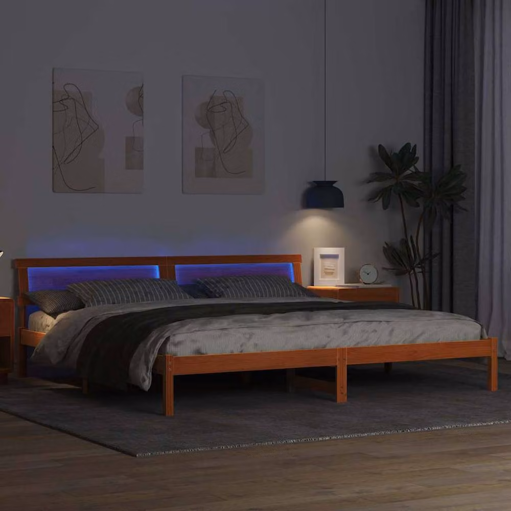 Berkfield Home Solid Pine Bed with LED Strip Lights and Headboard in Wax Brown, W/D/H: 180 x 200 x 73 cm – 3