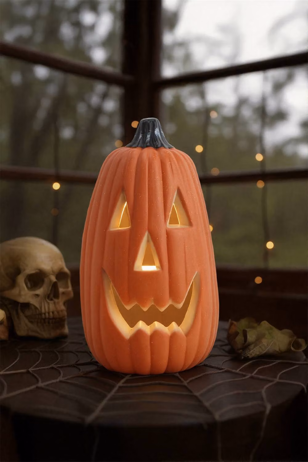 H&O Direct Orange Halloween LED Long Pumpkin Lantern with Hollow Plastic Design, H 34 cm x W 20 cm – 2