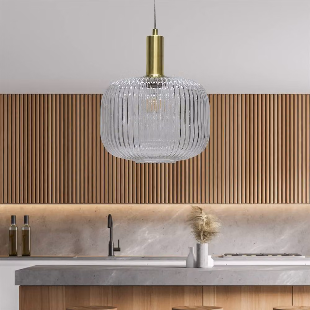 First Choice Lighting Batley Large Art Deco Pendant Fitting with Transparent Ribbed Glass and Gold/Brass Finish, H 116.5 cm x W 25.5 cm x D 25.5 cm – 2