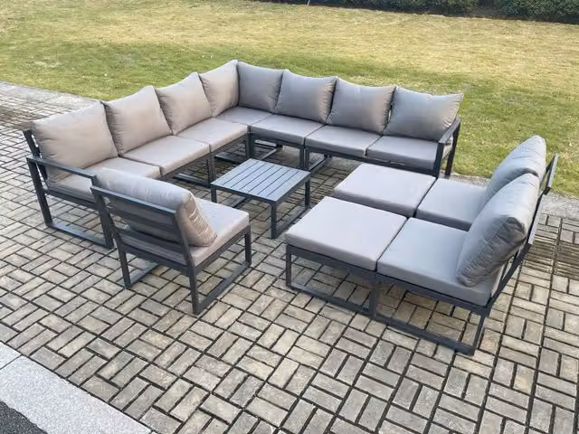 Fimous 12 Seater Outdoor Garden Furniture Set with L-Shape Corner Lounge Sofa, Square Coffee Table and 2 Large Footstools in Dark Grey Powder Coated Aluminium