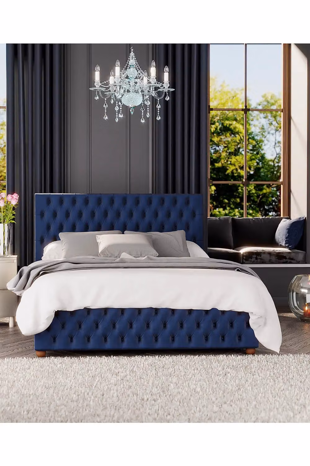 Laurence Llewelyn-Bowen Seren Ottoman Storage Bed in Navy Plush Velvet Fabric, Double Size (140 x 200 cm) – 4