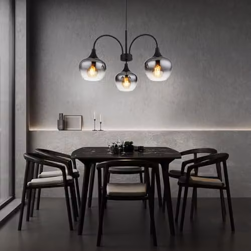 Globo Lighting Modern 3-Bulb Pendant Light with Black Metal and Smoke Glass Shades, E27, Height Adjustable – 4