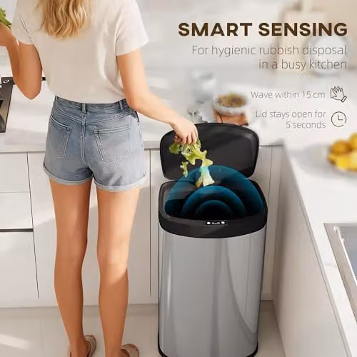 HOMCOM 55L Automatic Sensor Kitchen Bin in Silver, W/D/H: 38.0 x 28.5 x 69.0 cm – 3