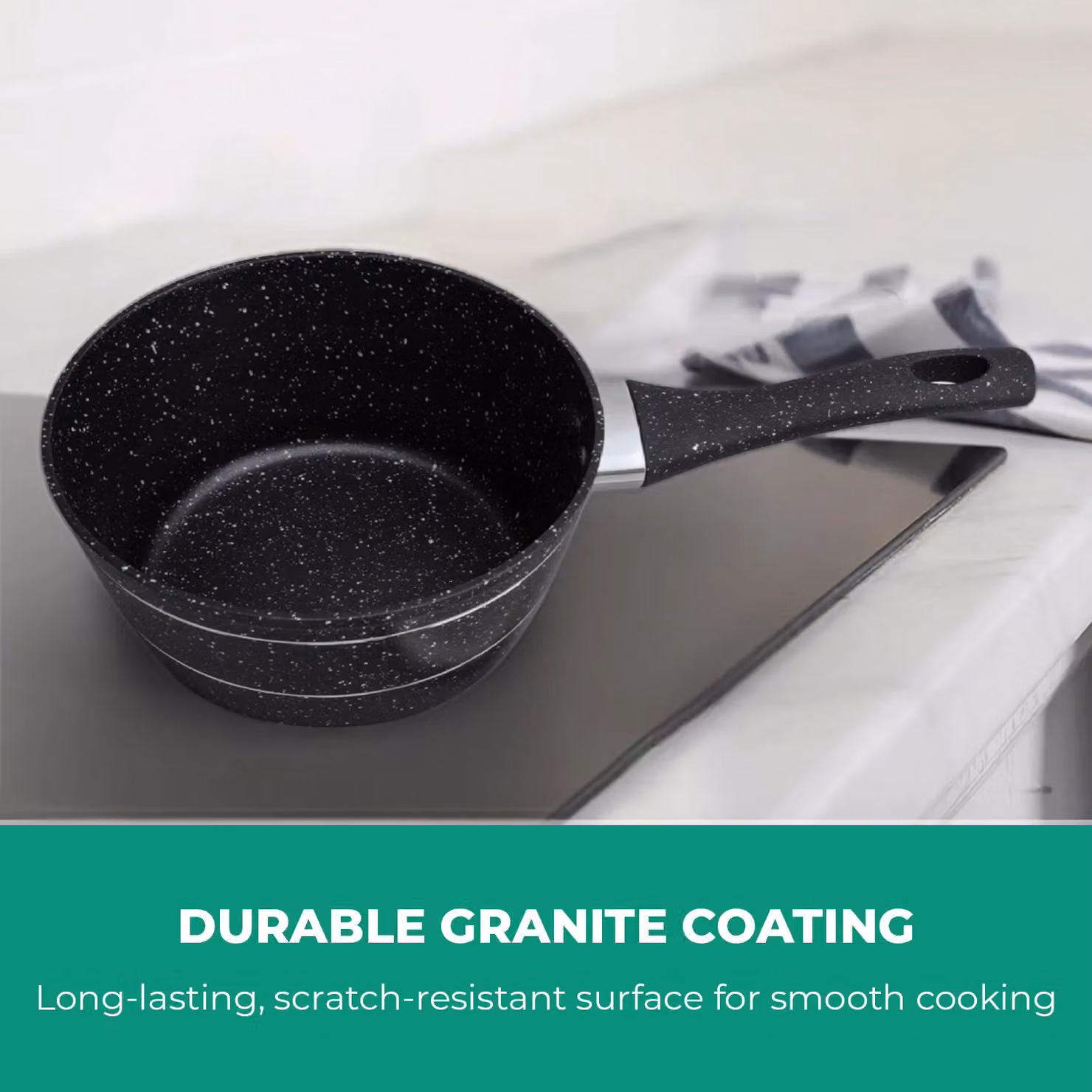 Royalford Non-Stick Granite Coating Multipurpose Saucepan with Glass Lid, Black, Diameter: 16 cm – 4