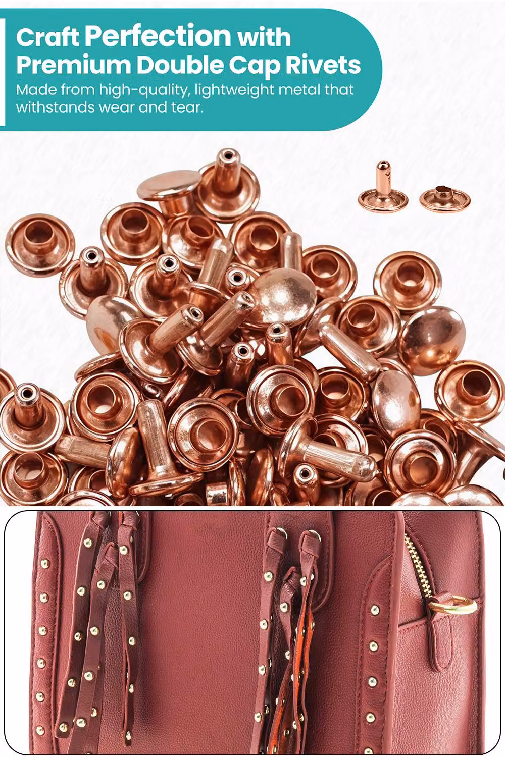 Neel Blue 7mm Double Cap Leather Rivets, Rose Gold Tubular Metal Studs, 100 Sets – 4