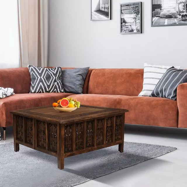 Topfurnishing Square Mango Wood Carved Coffee Table in Brown