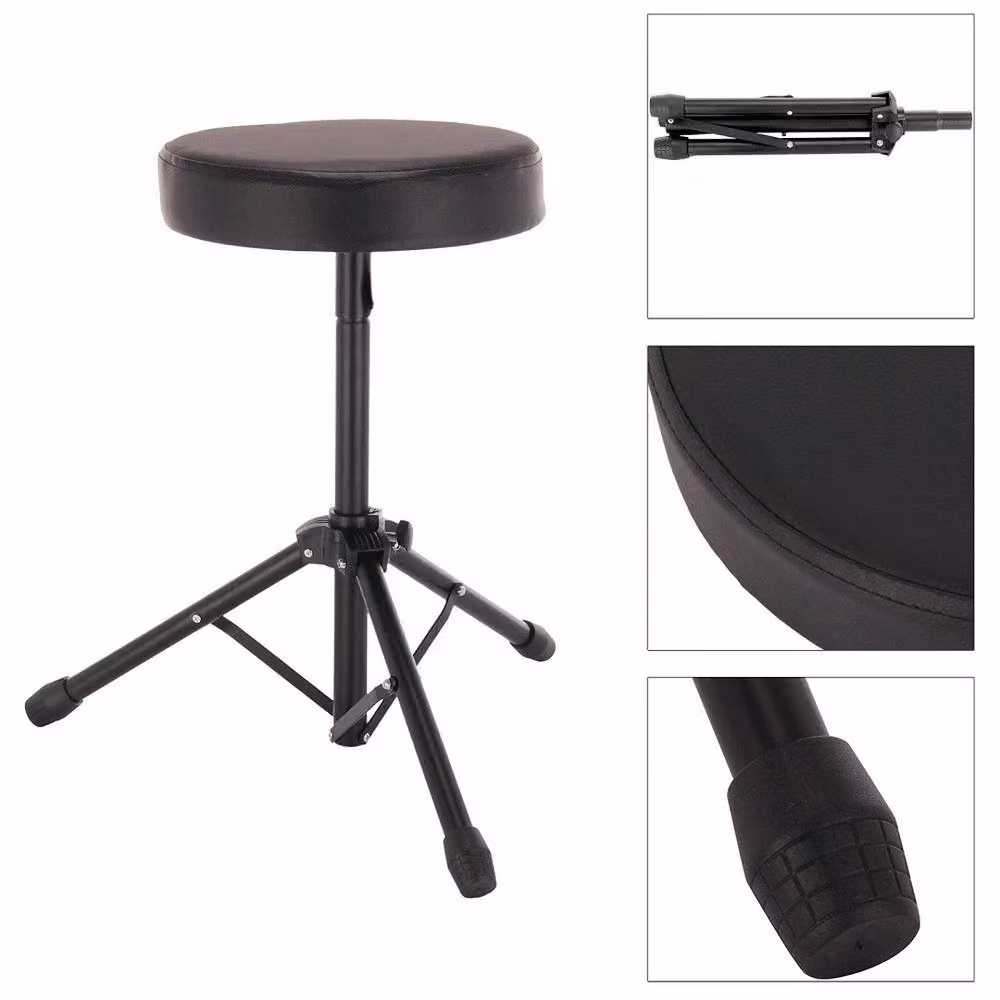 VOGREX Adjustable Folding Music Stool with Padded Black Synthetic Leather Seat and Metal Frame – 2