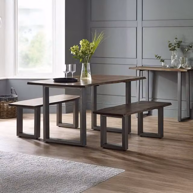 IH Design Essential Live Edge Acacia Wood and Metal Dining Bench in Brown and Grey, W/D/H: 125 x 40 x 45 cm