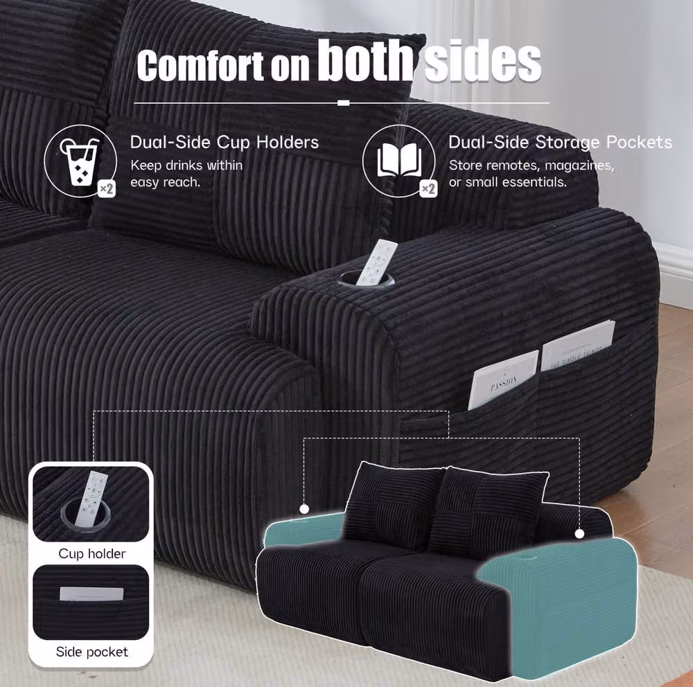 STILVORA 2-Seater Black Corduroy Upholstered Sofa with Cup Holder, W: 200 cm, D: 80 cm, H: 80 cm – 8