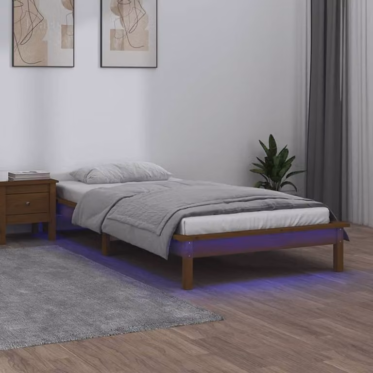 Berkfield Home Solid Wood LED Bed Frame in Brown with Under-Bed Lighting, W/D/H: 90 x 200 cm
