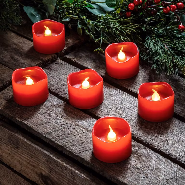 Lights4fun Set of 6 Red Real Wax Votive LED Tea Light Candles with Flicker Effect, Battery Operated