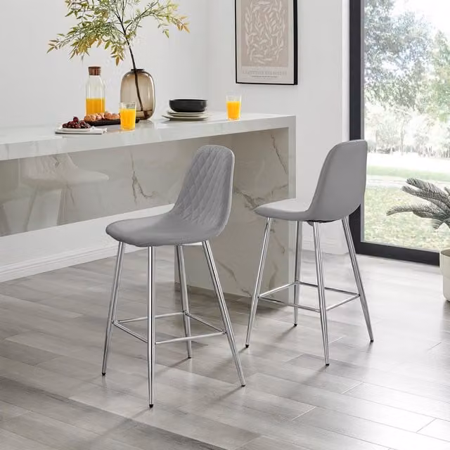 FurnitureboxUK Corona Set of 2 Grey Faux Leather Counter Stools with Silver Metal Legs