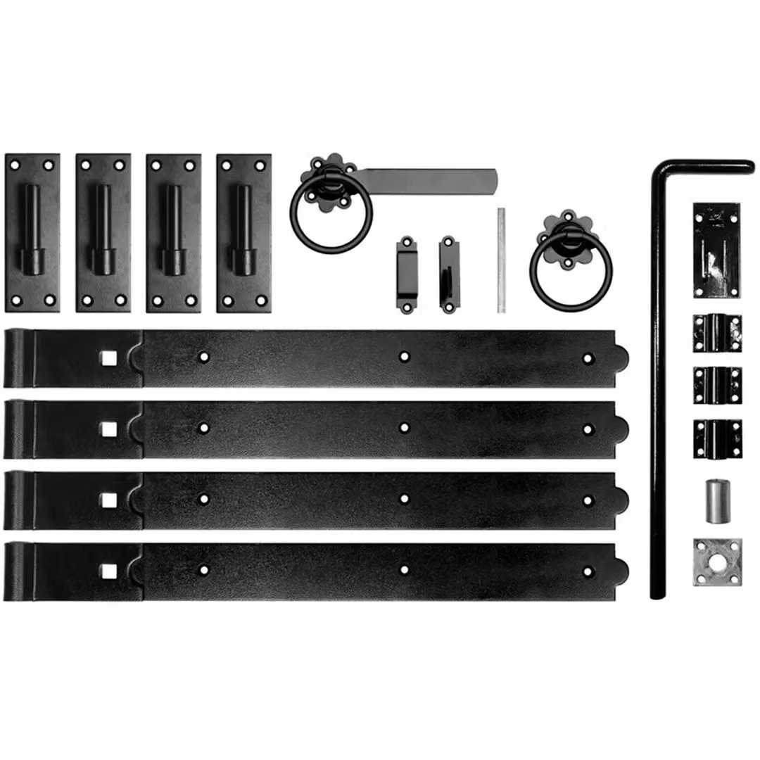 Burbage Iron Craft 24 Inch Double Gate Fittings Set with Hook and Band Hinge, Latch and Drop Bolt in Black and Silver – 2