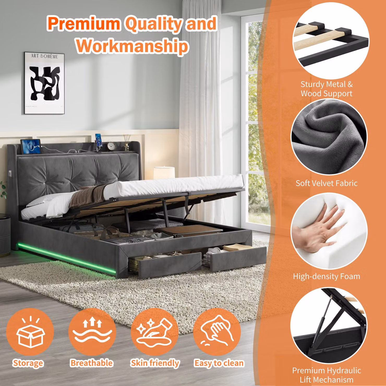 Aosom UK Double Ottoman Upholstered Bed Frame with Hydraulic Storage and Headboard, Grey, W: 138 cm, D: 203 cm, H: 111 cm – 4