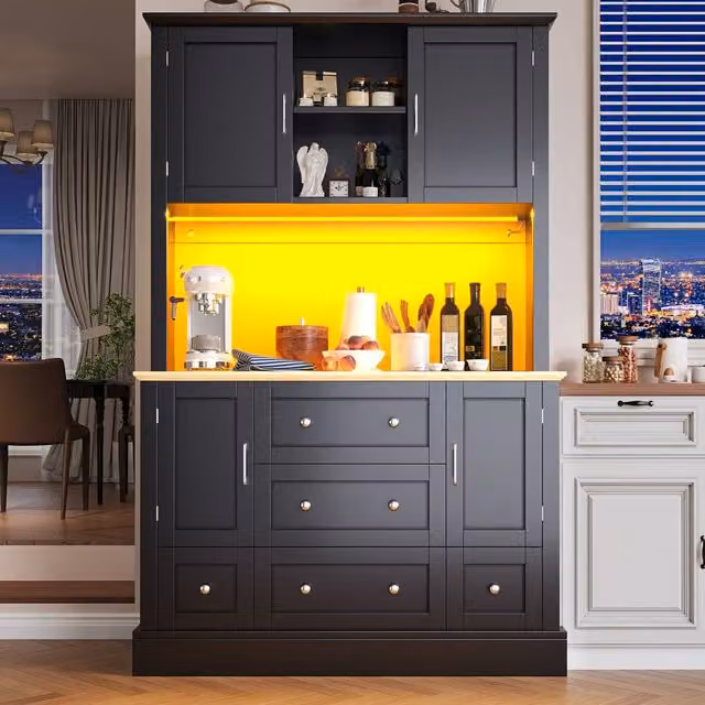 ModernLuxe Black Matt Kitchen Tall Unit with LED Lighting, 4 Doors and 3 Internal Drawers, H 180 cm x W 59.75 cm x D 40 cm – 1
