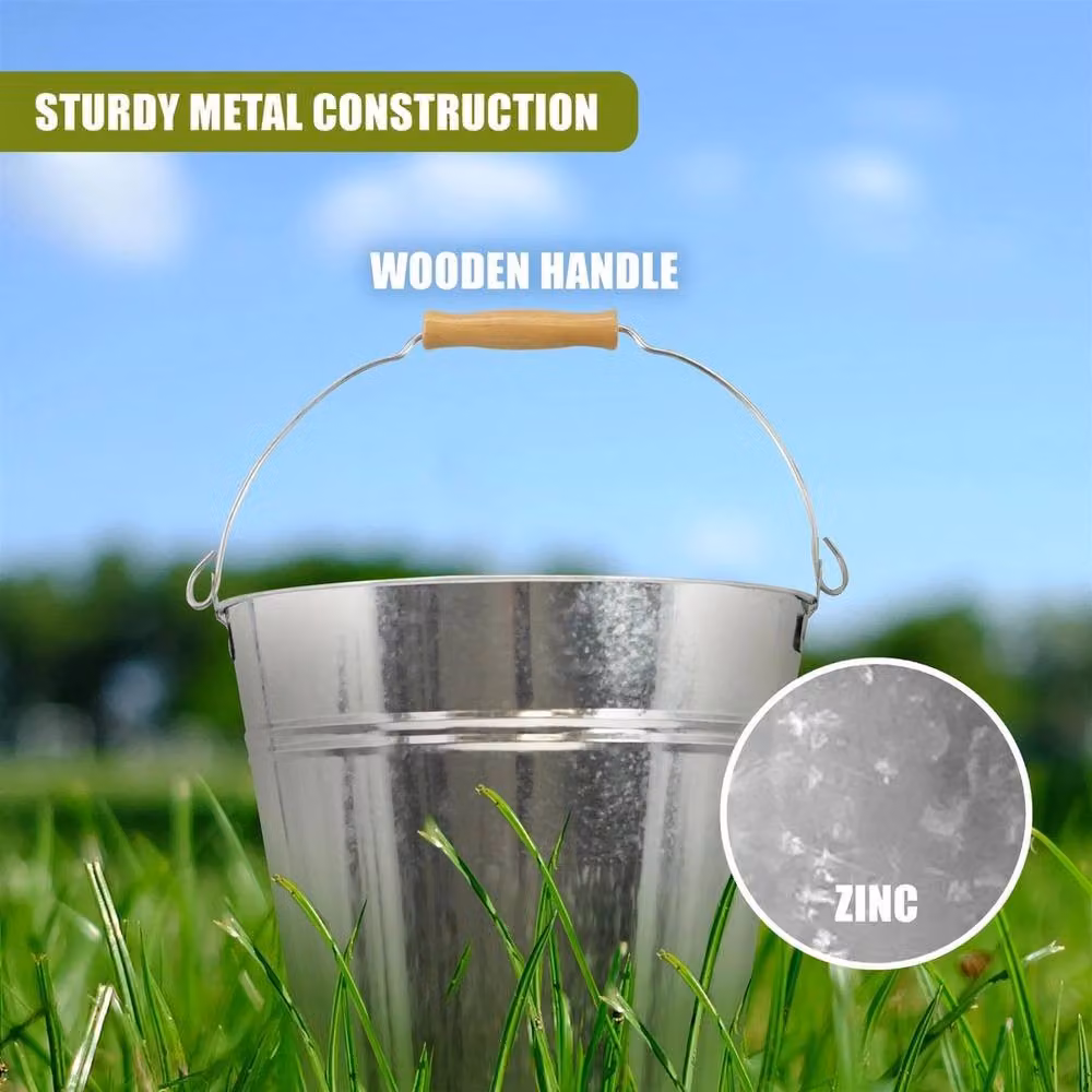 NESTLUNE Metal Bucket Garden Planter with Wooden Handle in Silver, H 100 cm x W 15 cm x D 15 cm – 2