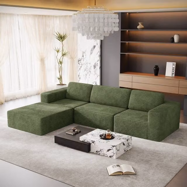 Dprodo Corduroy Modular L-Shape Sofa in Green with Matching Ottoman and Removable Covers