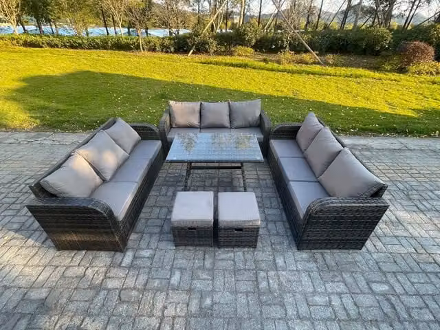 Fimous 11 Seater Wicker Rattan Garden Furniture Set with Rectangular Dining Table and 2 Small Footstools in Dark Grey