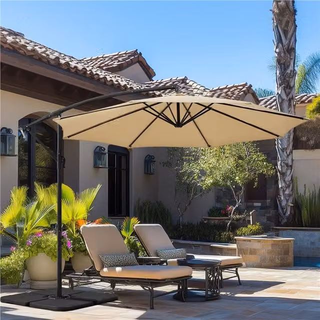 Yaheetech Adjustable Cantilever Banana Patio Umbrella in Beige and Brown Polyester and Metal