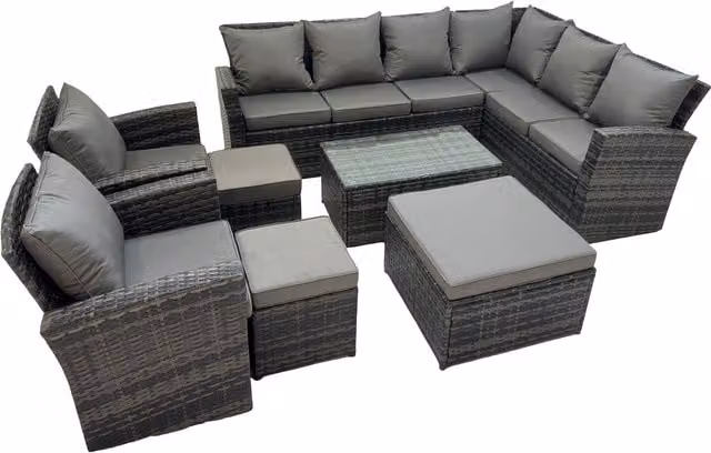 Fimous 11 Seater L-Shape Garden Sofa Set in Dark Grey with Coffee Table, Armchair and 3 Footstools – 1