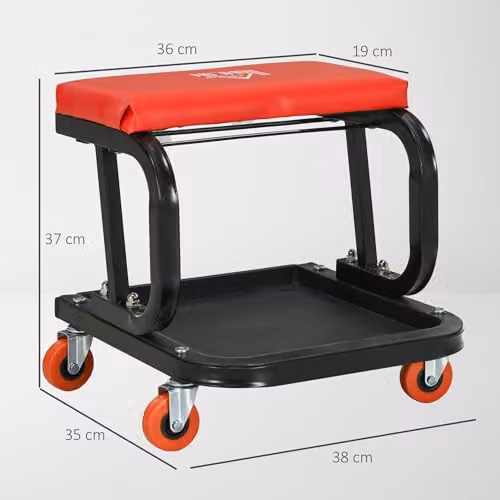 HOMCOM Red Rolling Workshop Stool with Synthetic Leather Seat and Castors – 3
