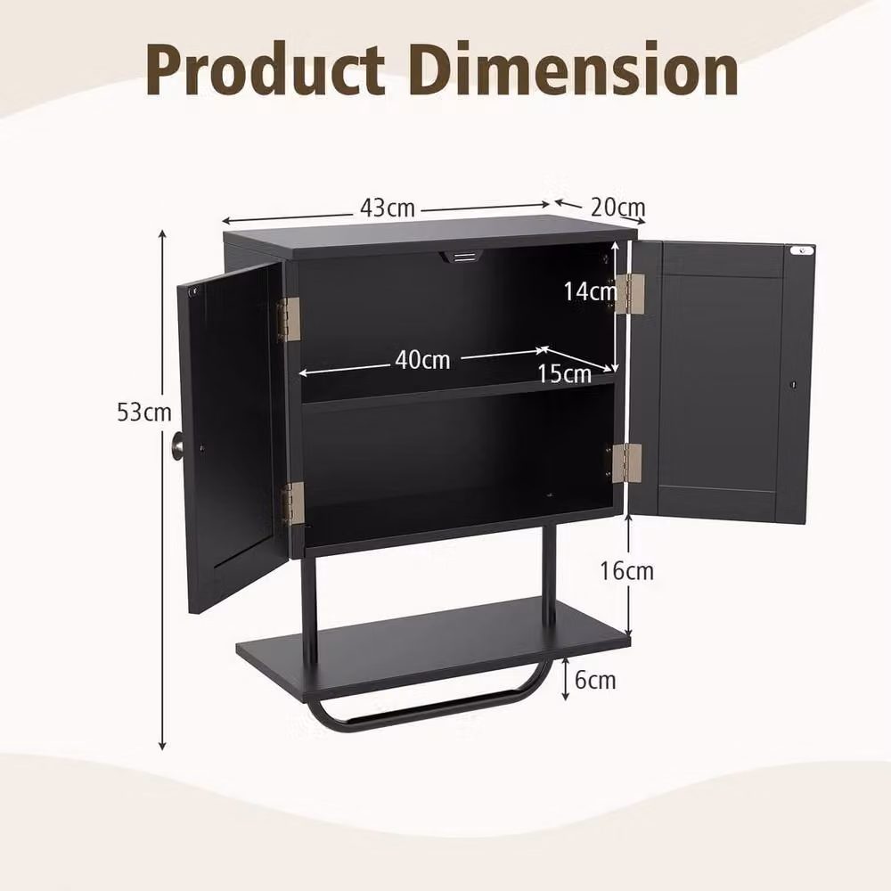 VOGREX Black Matt Wall Mounted Bathroom Medicine Cabinet with Hinged Doors and Internal Shelves – 3