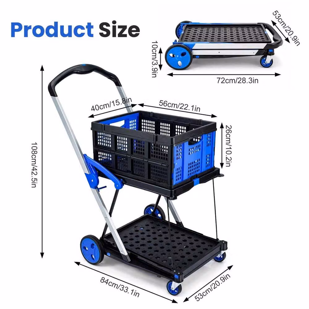 SPETLEK Folding Shopping Trolley Cart with Collapsible 2-Tier Platform, Blue, W: 40 cm, D: 40 cm, H: 108 cm – 3