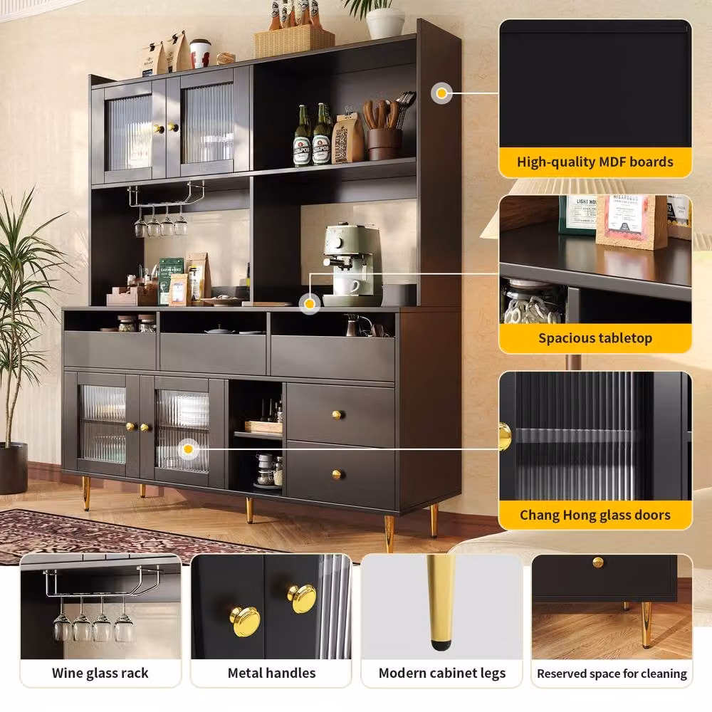 BTM Modern Black Multi-Purpose Storage Cabinet with Glass Doors, Bottle Rack and Glass Holder, H 171 x W 72.6 x D 39 cm – 5