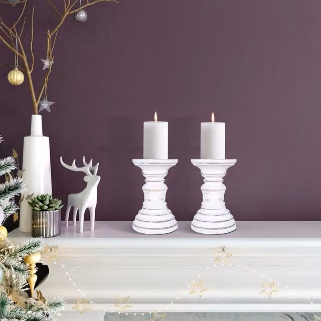 Topfurnishing Set of 2 Rustic Antique Carved Wooden Pillar Candle Holders in White, W/D/H: 10 x 10 x 13 cm