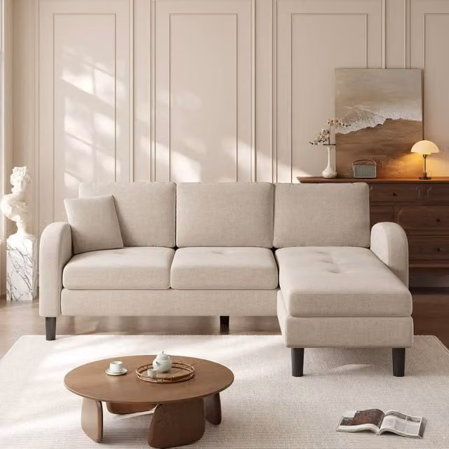 Rolipo L-Shaped 3-Seater Reversible Sectional Sofa in Beige and Grey with Fabric Upholstery and Scatter Cushions – 1