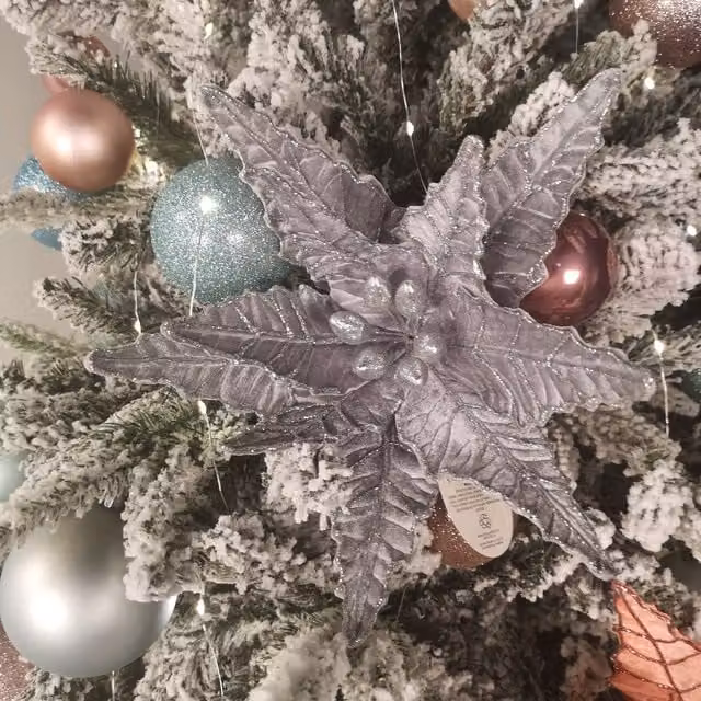 Samuel Alexander Silver Velvet Poinsettia Stem with Glitter Christmas Decoration, 50 cm