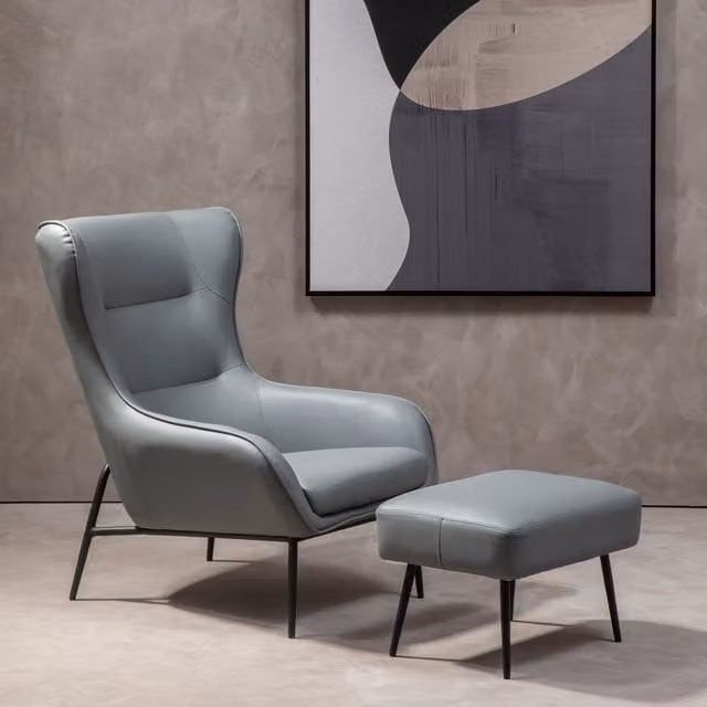 Orsina Kaiko Grey Faux Leather Mid-Century Armchair and Matching Footstool