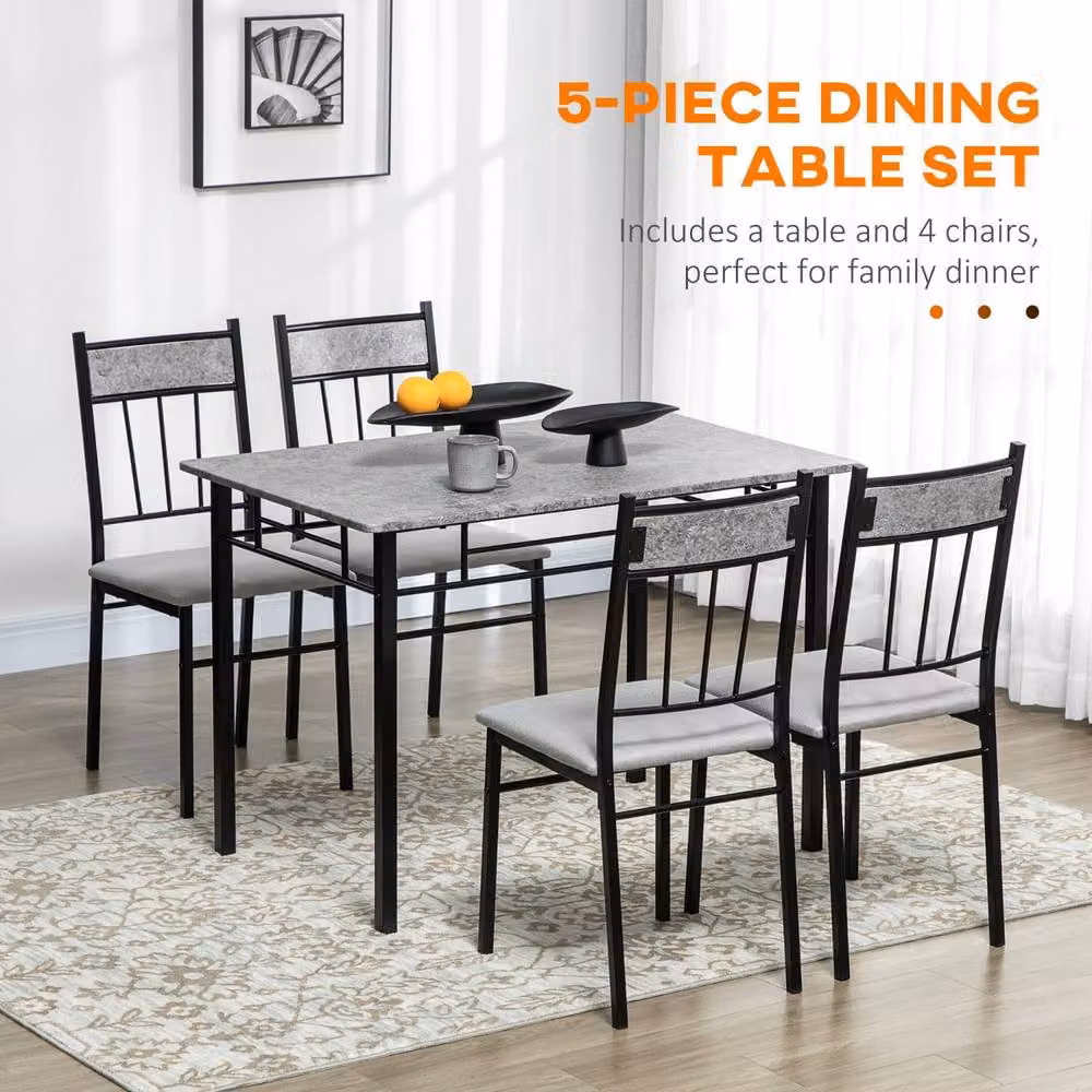 Wyld Haus Lera 5 Piece Dining Set in Grey and Black with Marble Effect Rectangular Table – 5