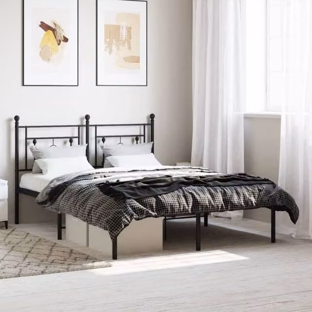 Berkfield Home Metal Bed Frame with Headboard, Black, W: 140 cm, D: 200 cm