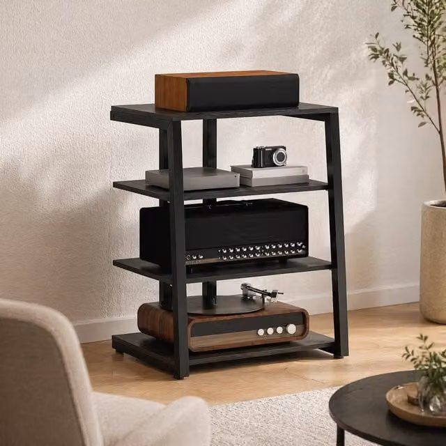 STILVORA 4 Tier HiFi Rack with Adjustable Shelves in Black Metal – 1