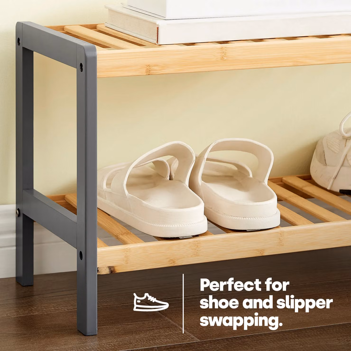 LIVIVO 2 Tier Grey Bamboo Shoe Rack Storage Bench in Natural Wood – 2