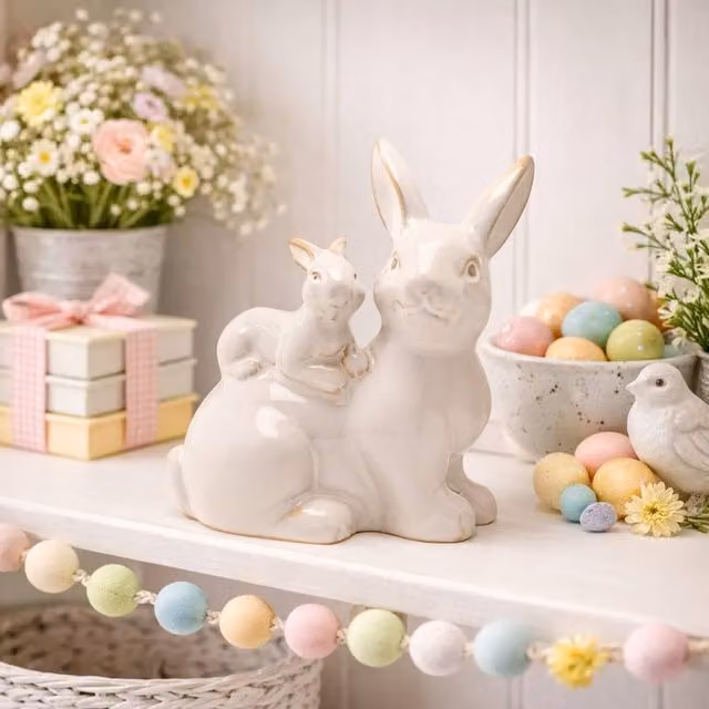 Eggs-traordinary Gift Co. Reactive Glaze Bunny and Baby Ceramic Figurine, Multicolour and White, Height: 13 cm