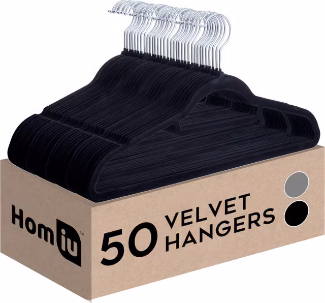 Homiu Pack of 50 Non-Slip Velvet Flocked Hangers with Tie Bar and Swivel Hook in Black or Grey