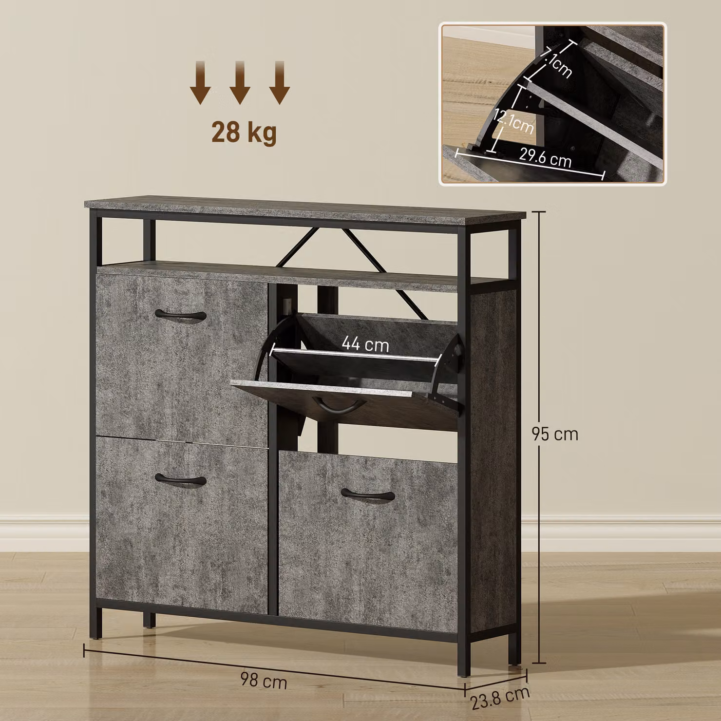 HOMCOM Industrial Shoe Storage Cabinet with 4 Tilting Compartments and Open Shelf, Grey and Black – 3